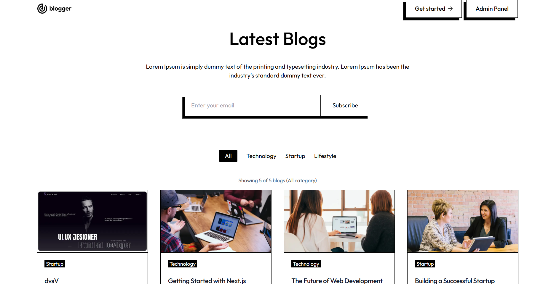 Blog Management System - Modern web interface with 'Latest Blogs' heading, subscription form, category filters (All, Technology, Startup, Lifestyle), and blog post cards displaying various articles with images and titles